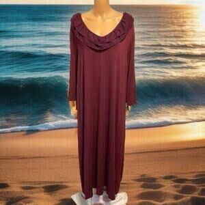 Vintage Ulla Popken Maxi Dress Sz 2X Maroon Jersey Fabric Stretch Casual Ruffle